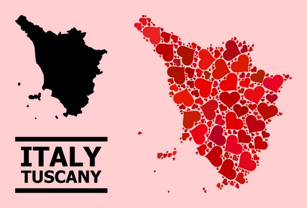 Rode Valentijn Collage Kaart van Toscane Regio — Stockvector
