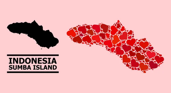 Červený Valentýn Mozaika Mapa ostrova Sumba — Stockový vektor
