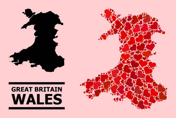 Röd härlig mosaikkarta över Wales — Stock vektor