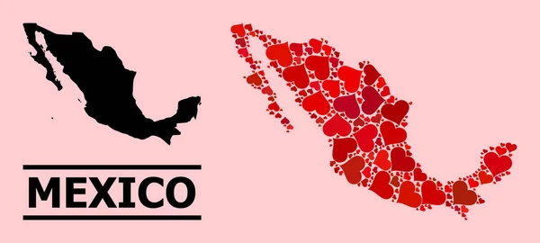 Red Love Heart Mapa da Colagem do México —  Vetores de Stock