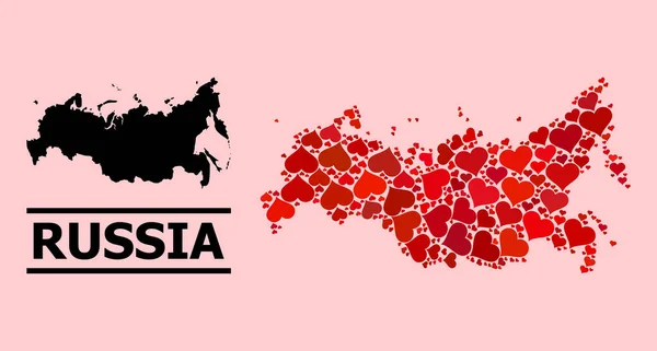 Röd kärlek Mosaik Karta över Ryssland — Stock vektor