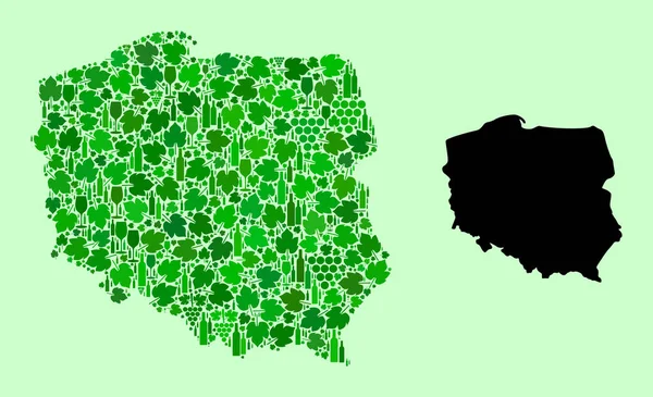 Polonya Haritası - Şarap ve Üzüm Yaprakları Kolajı — Stok Vektör