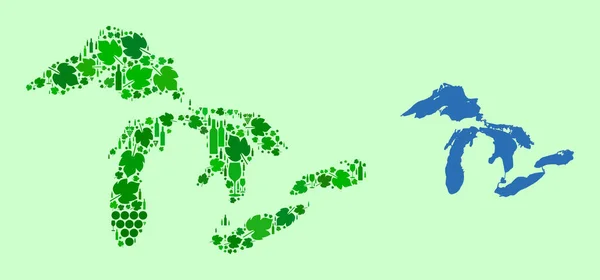 Carte des Grands Lacs - Collage des feuilles de vin et de raisin — Image vectorielle