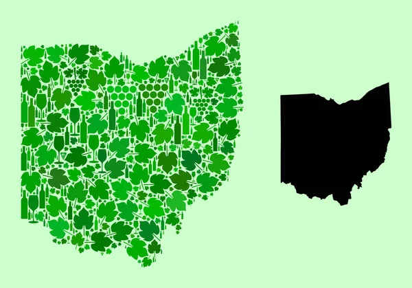 Ohio Eyaleti Haritası - Şarap ve Üzüm Yaprakları Kolajı — Stok Vektör