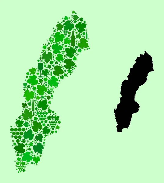 スウェーデン地図-スウェーデンのモザイクワインとブドウ — ストックベクタ