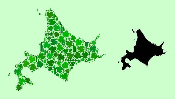 北海道地図-北海道ワインとブドウの葉のコラージュ — ストックベクタ