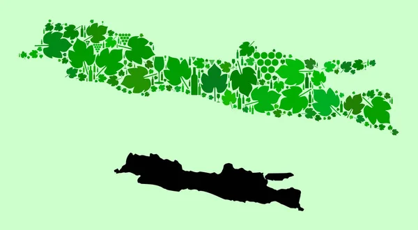 Karte der Insel Java - Zusammensetzung von Wein und Traubenblättern — Stockvektor