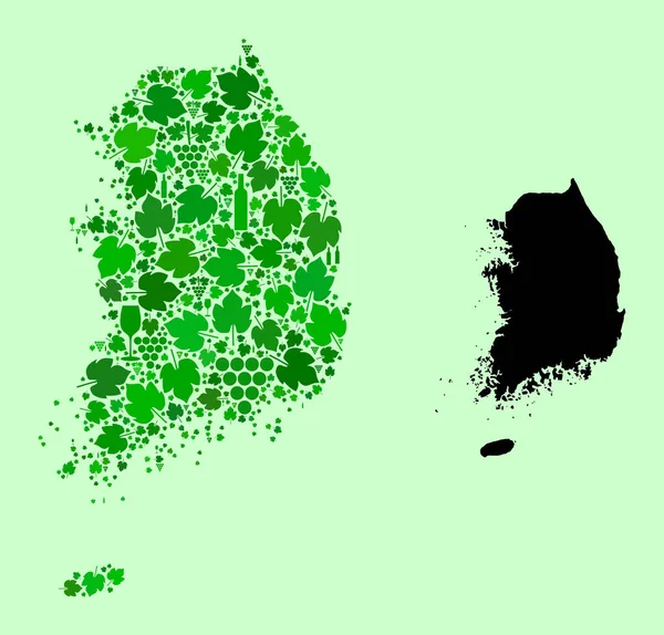 Mapa da Coreia do Sul - Mosaico do Vinho e das Folhas de Uva — Vetor de Stock