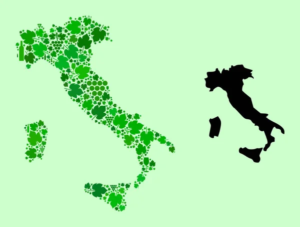 Kaart van Italië - Collage van wijn- en druivenbladeren — Stockvector