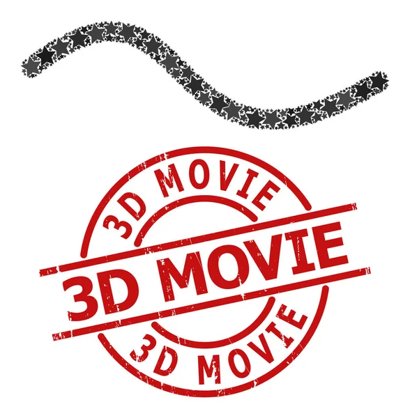 Wave Line Star Mosaic and 3D Movie Grunge Rubber Stamp — стоковий вектор