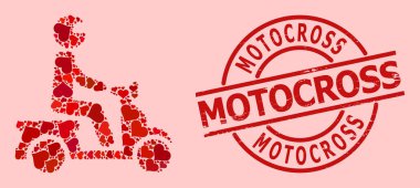 Desenli Motokros Damgası ve Kırmızı Aşk Kalbi Motosiklet Sürücüsü Mozaiği