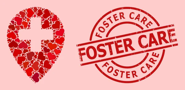 Grunge Foster Care Badge and Red Lovely Clinic Map Pointer Mosaic — Stock Vector