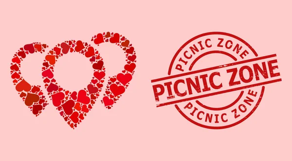 Grunge Picnic Zone Seal และ Red แผนที่วาเลนไทน์ Pointers Collage — ภาพเวกเตอร์สต็อก