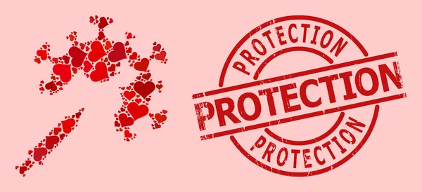 Grunge Protection Stamp Seal och Red Lovely Coronavirus Vaccine Injection Mosaic — Stock vektor