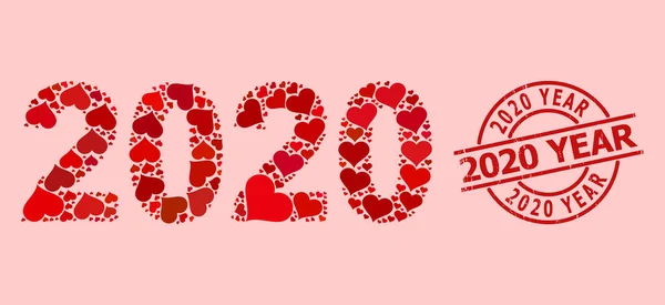 Insignia de año 2020 texturizada y corazón de amor rojo dígitos de año 2020 Mosaico — Archivo Imágenes Vectoriales