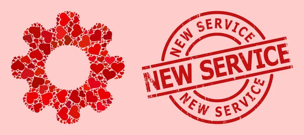 Grunge Nieuwe Service Stamp Seal en Red Heart Gear Wheel Collage — Stockvector