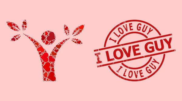 Rubber I Love Guy Stamp Seal and Red Love Heart Tree Man Collage — Stock Vector