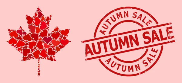 stock vector Scratched Autumn Sale Seal and Red Love Heart Maple Leaf Collage