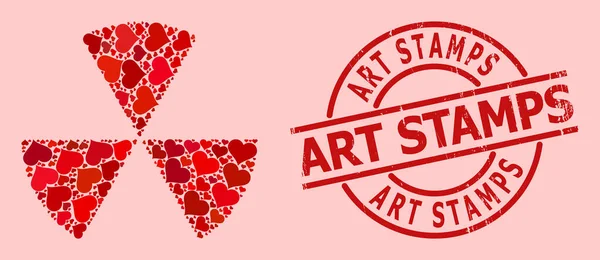 Rubber Art Stamps Badge and Red Heart Circle Sectors Mosaic — стоковий вектор