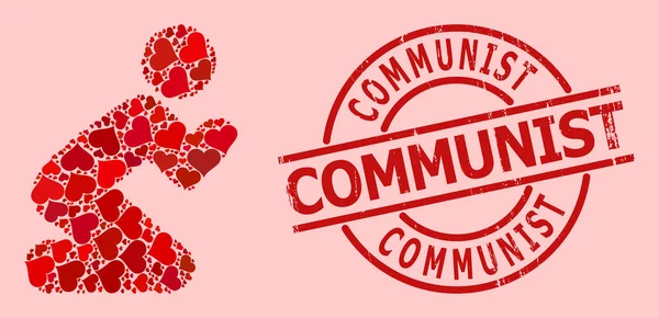 Texturiertes kommunistisches Siegel und Red Heart Praying Man Mosaic — Stockvektor