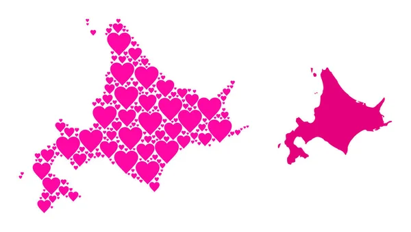 Růžový Valentýn Mozaika Mapa ostrova Hokkaido — Stockový vektor