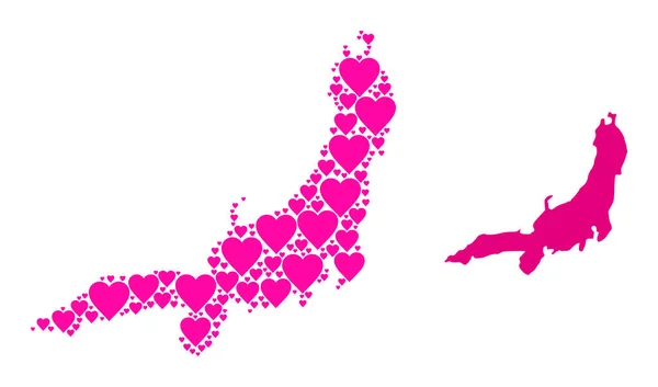 Růžový Valentýn Mozaika Mapa ostrova Honshu — Stockový vektor