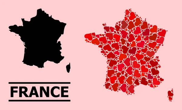 Red Love Collage Karta över Frankrike — Stock vektor