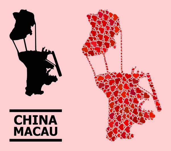 Red Love Heart Collage Mapa de Macao — Vector de stock