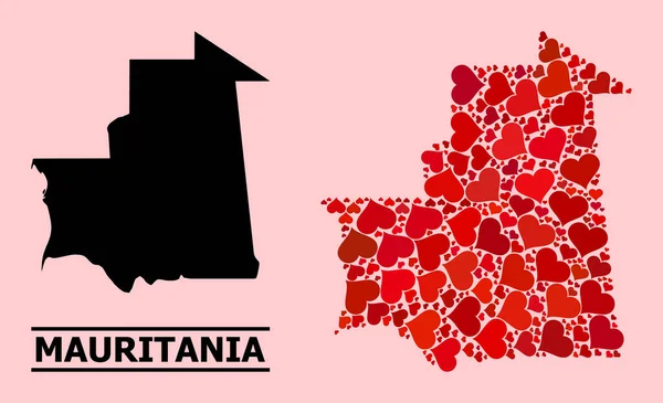 Collage Corazón Amor Rojo Mapa de Mauritania — Vector de stock