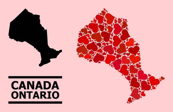 Red Heart Collage Mappa della provincia di Ontario — Vettoriale Stock