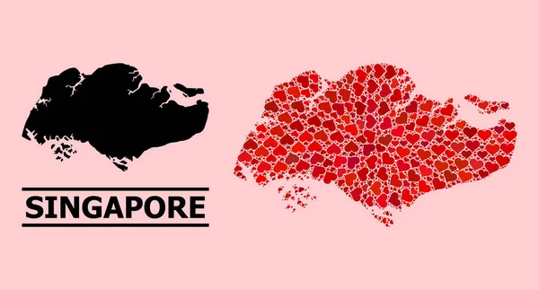 Red Love Heart Mosaic Mapa da Singapura — Vetor de Stock