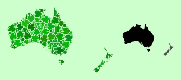オーストラリアとニュージーランドの地図-ワインとブドウの葉のコラージュ — ストックベクタ