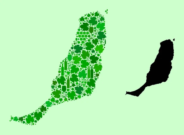 Mapa da Ilha de Fuerteventura - Colagem de Vinhos e Folhas de Uva — Vetor de Stock