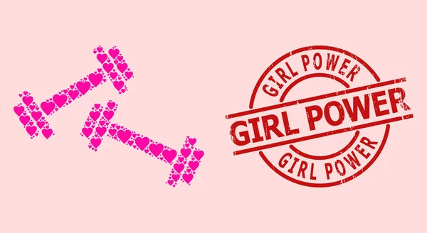 Grunge Girl Power Badge et Pink Love Coeur Barbells Collage — Image vectorielle