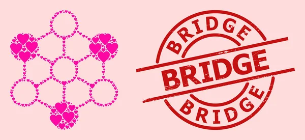 Scratched Bridge Odznaka i różowy Valentine Blockchain Kolaż — Wektor stockowy