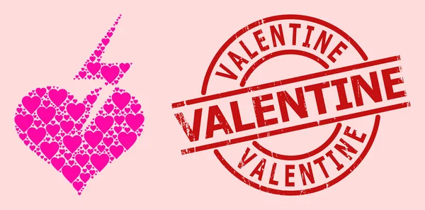 Verkratzte Valentinstag-Abzeichen und rosa Herzschlag-Collage — Stockvektor