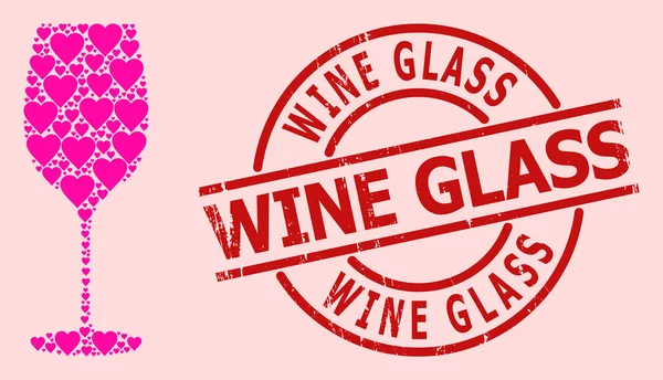 Insignia de cristal de vino rayado y corazón de amor rosa Collage de vidrio de vino — Vector de stock