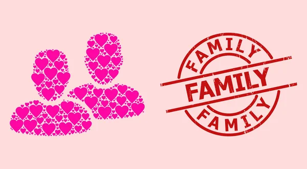 ป้ายครอบครัวที่มีเนื้อเยื่อและความรักสีชมพูหัวใจลูกค้าคอลลาจ — ภาพเวกเตอร์สต็อก