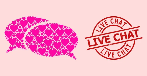 Textured Live Chat Badge and Pink Heart Chat Mosaic — Stock Vector