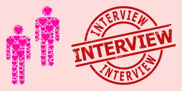 Selo de selo de entrevista riscado e colagem de pessoas de amor rosa —  Vetores de Stock