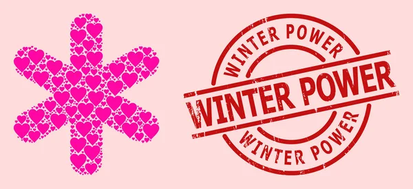 Печать печати зимней власти каучука и розовая любовь простая мозаика снежинки — стоковый вектор