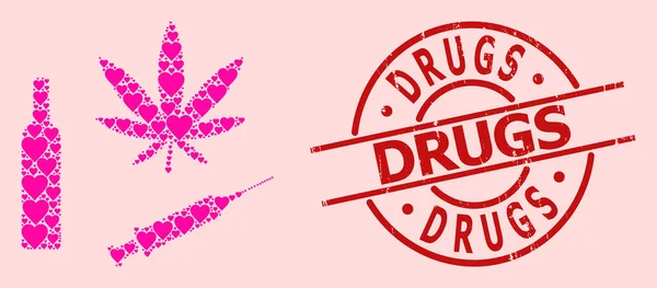 Narkotyki w niebezpieczeństwie Pieczęć i różowe Walentynki Narkotyki Mozaika — Wektor stockowy