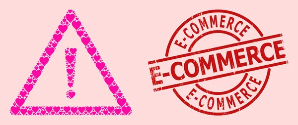 E-Commerce-Stempel aus Gummi und rosa Herz-Liebe-Warnschild-Mosaik — Stockvektor