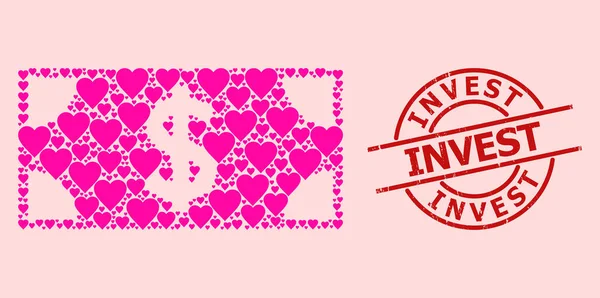 Distress Invest Badge und rosa Herz-Dollar-Banknotencollage — Stockvektor