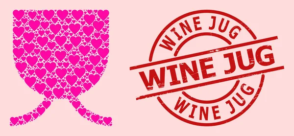 Texturizado vino jarra insignia y rosa amor completo taza collage — Vector de stock