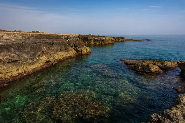 Ostuni, Brindisi, Puglia. Temiz ve berrak suların ve Adriyatik 'in harika kıyılarının muhteşem manzarası..