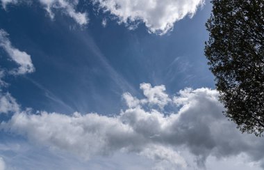 Gökyüzündeki bulutlar. Bulutlarla dolu bir gökyüzünün muhteşem manzarası. Bulutlu bir gökyüzünün derinliği ve üç boyutlu.