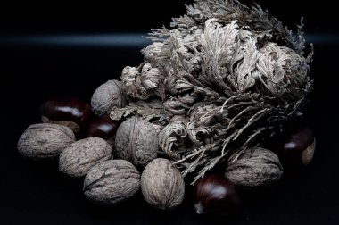 A composition of typically autumnal fruits such as chestnuts and walnuts, enhancing their beauty and detail.