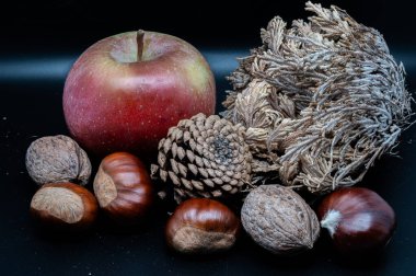 A composition of typically autumnal fruits such as chestnuts, walnuts, persimmons or the Campanian Annurca apple, enhancing their beauty and detail.
