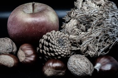 A composition of typically autumnal fruits such as chestnuts, walnuts, persimmons or the Campanian Annurca apple, enhancing their beauty and detail.